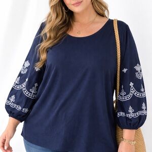 Boho Pleasant Blouse Embroidered Balloon Sleeve Top Navy Blue Blouse Top Size 2X